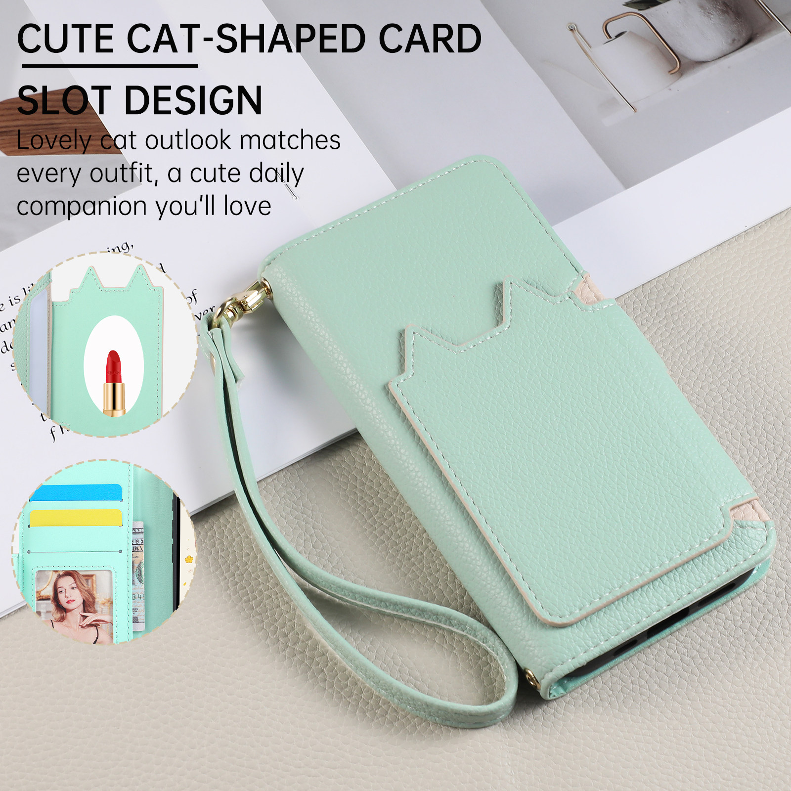 Light gray — Cat Head Leather Flip Phone Case