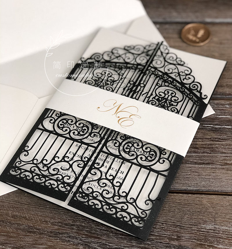 Laser gut wedding invatation European-style black hollowed-out wedding invites letters of invitation