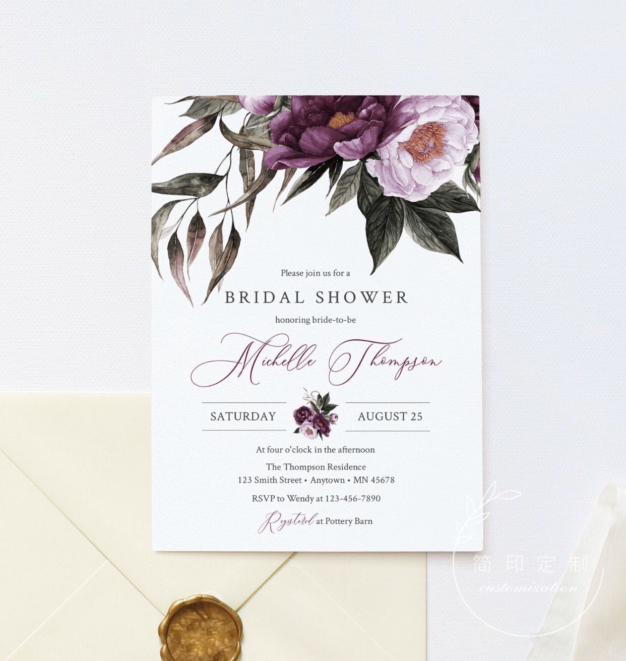 Full Custom Thickened Purple Ensemble Watercolor Flowers Wedding invitation letter Invitation Letter Romantic Meritocracy