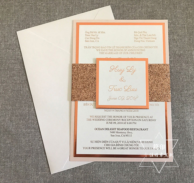 Personalized custom hot rose gold wedding invitation European style invitation foil wedding invitation