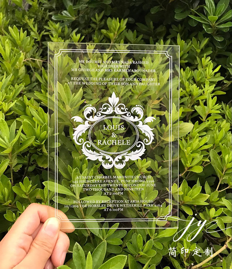 Full custom border pattern Please post European-style transparent acrylic marriage invitation letter of invitation to Cambodia wedding 