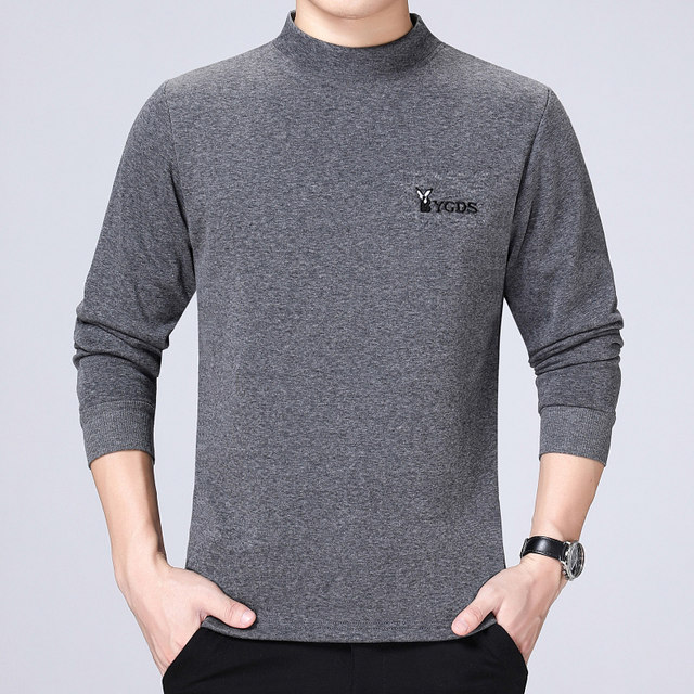 Men's round neck thickened velvet thickened middle-aged and elderly sleeve T-shirt dad's solid color pullover bottoming shirt warm top mid-high collar