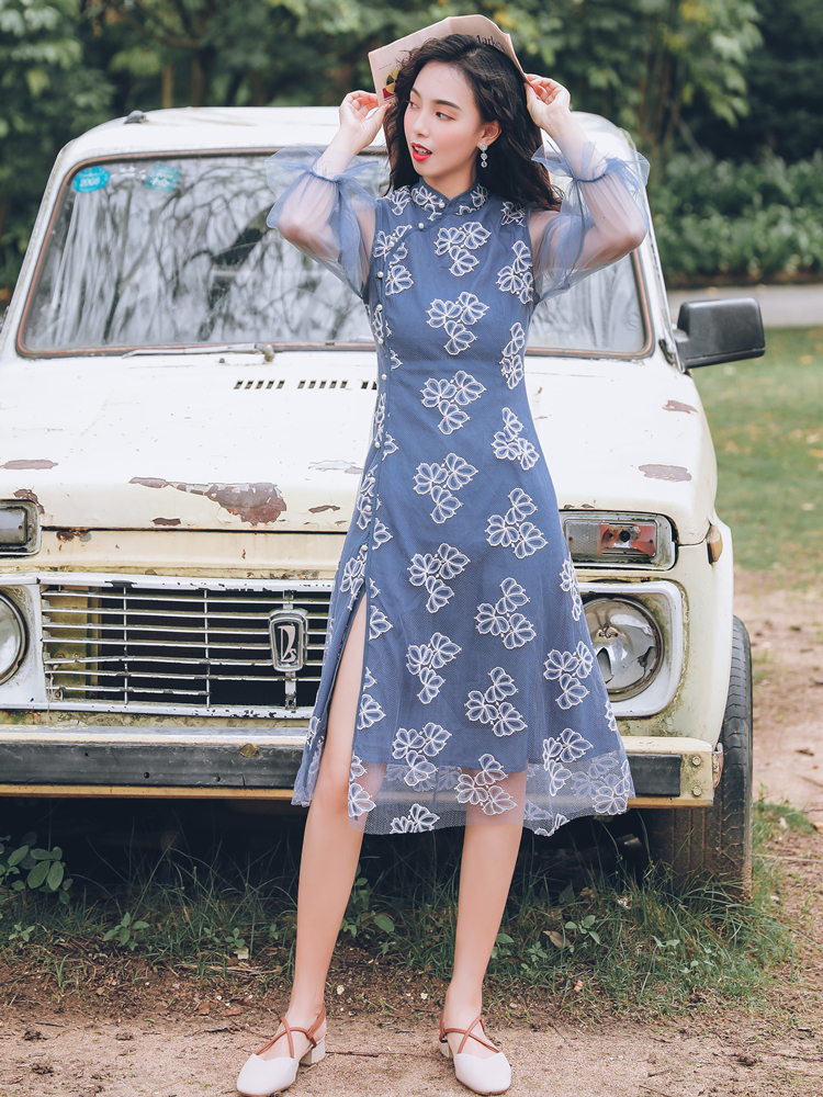 VK旗艦店 韓國風名媛蕾絲泡泡袖網紗透視開叉長袖洋裝