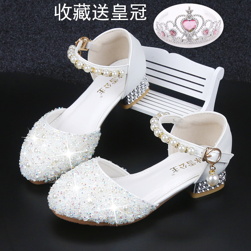Girls' Crystal Princess Shoes, White Children's High Heels, Model Catwalk, Piano Host, Dress Performance, Single Leather Shoes