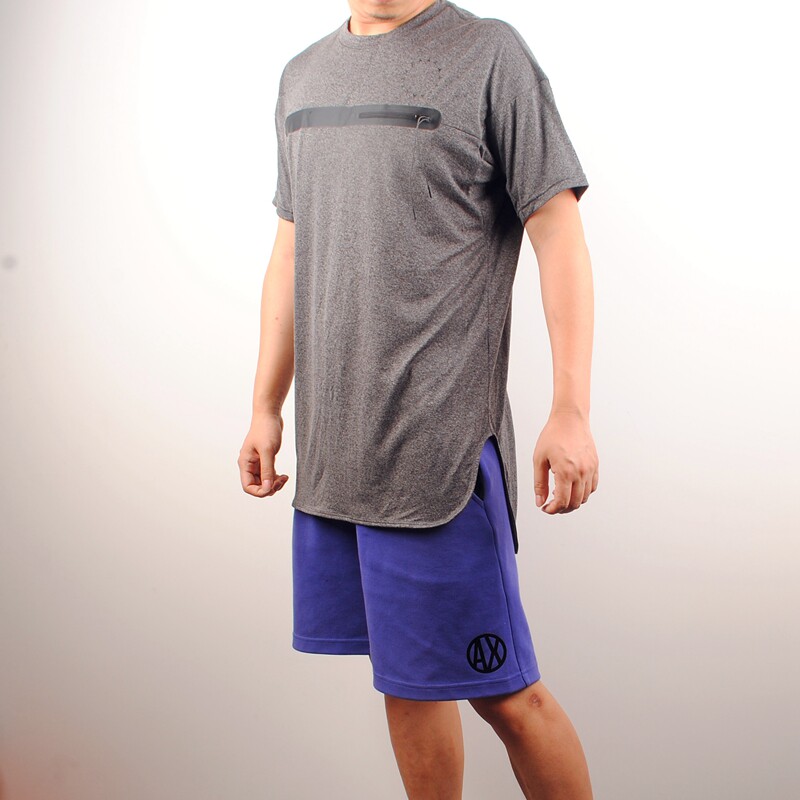 Summer men's damp fitness breathable quick dry sports short sleeves T-shirt half sleeve blouse open fork pull chain pocket lengthened