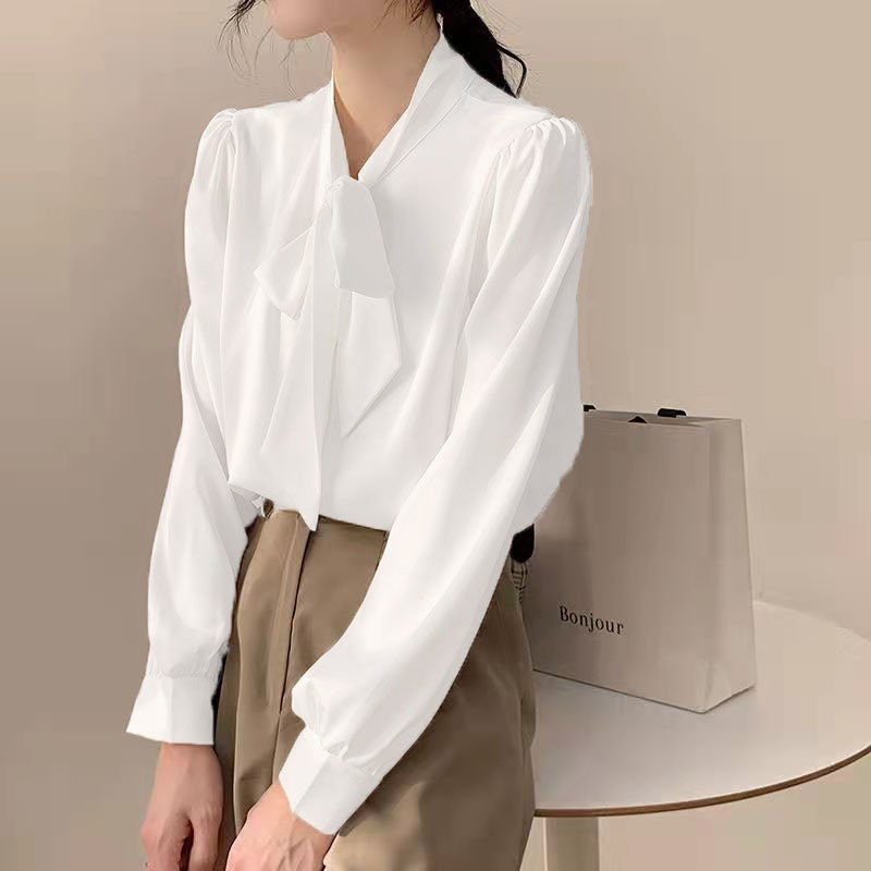 Solid Color White Shirt for Women, Long-Sleeved, Spring and Summer New Style, Korean Style, Fashionable, Slimming, Bow Tie, Ribbon, Women's Shirt, Loose Top
