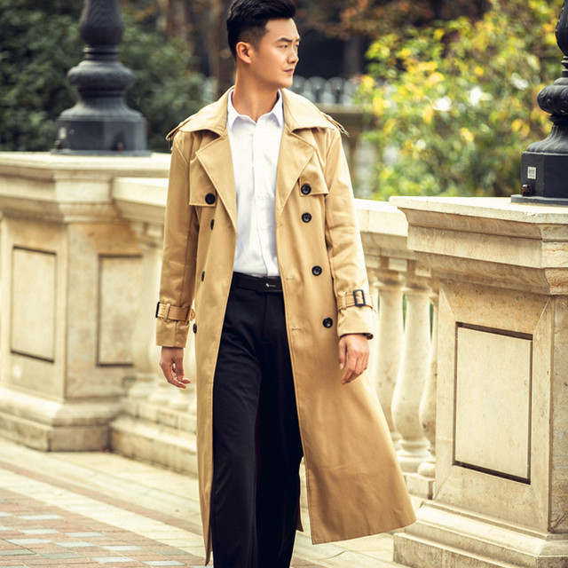 Spring and Autumn Black Trench Coat Men's Korean Style Trendy British Style Extra Long Over Knee Plus Large Thickened Trench Jacket