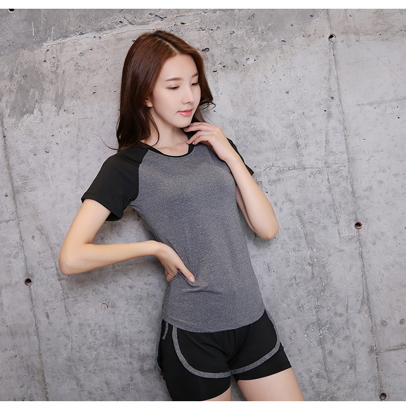 Phiên bản Hàn Quốc của quần áo yoga mùa hè nữ Áo thun ngắn tay phù hợp với áo hai dây thể dục phù hợp với quần short áo sơ mi nhanh khô dây band tập gym