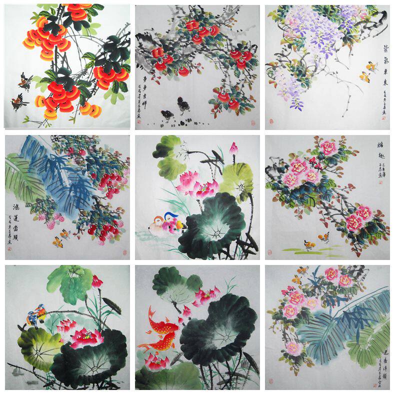 Special price pure hand painted four feet of square Chinese painting flowers and birds Living room dining room Dining Room Decoration Painting Chinese Character Painting without drawing