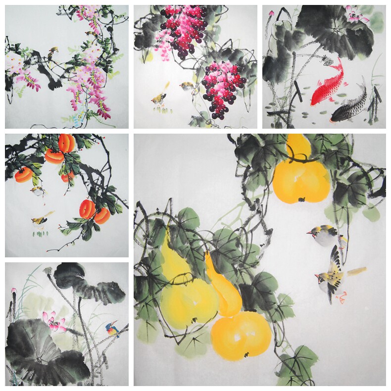 Pure hand-painted Doufang Chinese painting flower and bird persimmon gourd wisteria grape lychee study decorative calligraphy and painting everything goes as planned