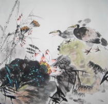 Special price pure hand painted with four feet of square water ink country painting flowers and birds lotus living room decoration character painting Feng Shui Chinese painting heart 15