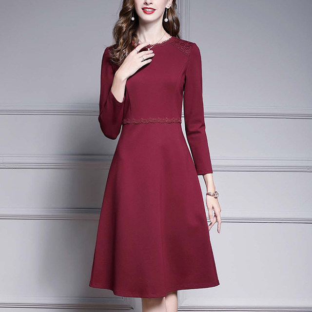 Annally autumn new style dignified elegant simple commuter wine red self-cultivation bottoming dress