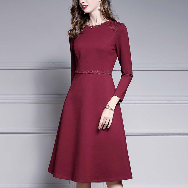 Annally autumn new style dignified elegant simple commuter wine red self-cultivation bottoming dress