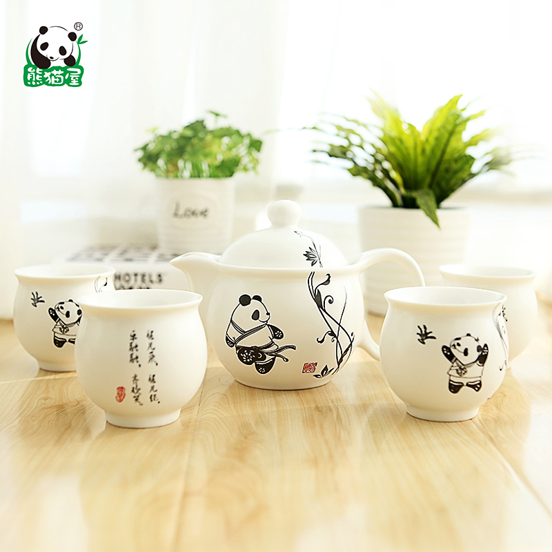 Panda House Panda Kick Shuttlecock Ceramic set Pot Creative gift Teapot Tea Set Cup Five-piece set with filter