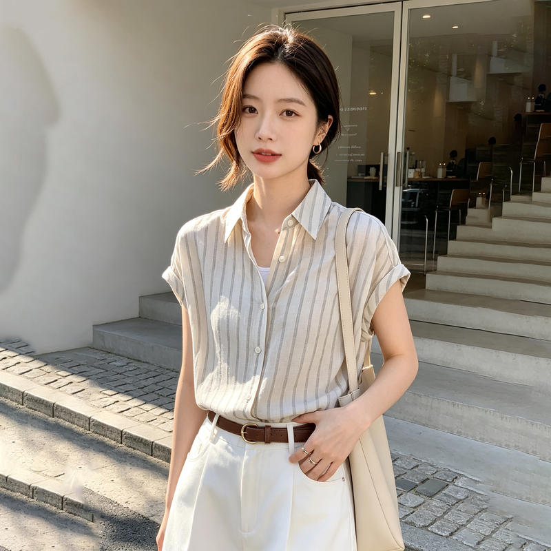 Cotton and Linen Casual Short-Sleeve Simple Striped Shirt for Women, Summer Loose Fit, Office Wear, Slimming High-Collar Top Cotton and Linen Casual Short-Sleeve Simple Striped Shirt for Women, Summer Loose Fit, Office Wear, Slimming High-Collar Top
