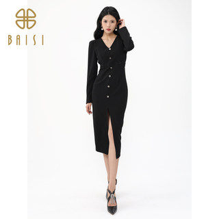 Hundred silk hepburn style v-neck slit hip-wrapped long skirt 2024 autumn new product royal sister goddess style waist-closing dress women