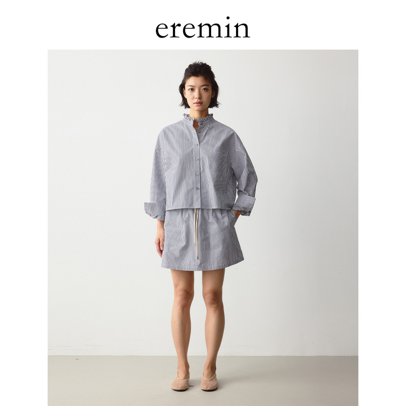 Eremin Lin Moqing/Petal Collar Shirt + Blue Striped Skirt/Cool Blue and White Vertical Striped Suit for Women Eremin Lin Moqing/Petal Collar Shirt + Blue Striped Skirt/Cool Blue and White Vertical Striped Suit for Women