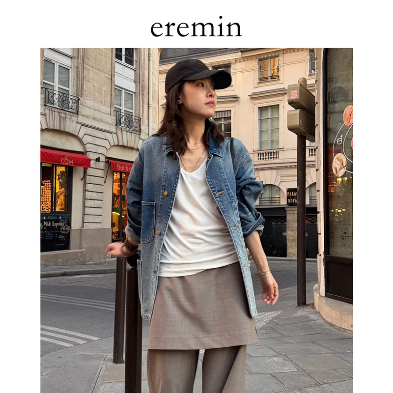 Eremin Lin Moqing/Gradient Denim Jacket/26 Autumn New Vintage Distressed Collar Loose Multi-Pocket Jacket