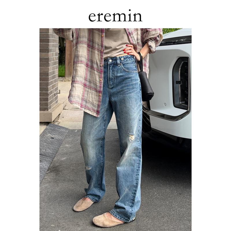 Eremin Lin Moqing/Flap Jeans/26 Autumn New Twill Cotton Cat Whiskers Vintage Patchwork Versatile Straight-Leg Pants