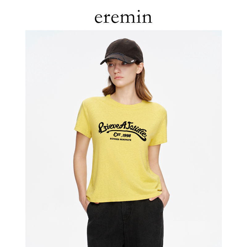 Eremin Lin Moqing/Velvet T-Shirt/Linen Cotton Letter Print, Vintage Casual Versatile Round Neck Short-Sleeve T-Shirt That Makes You Look Fairer