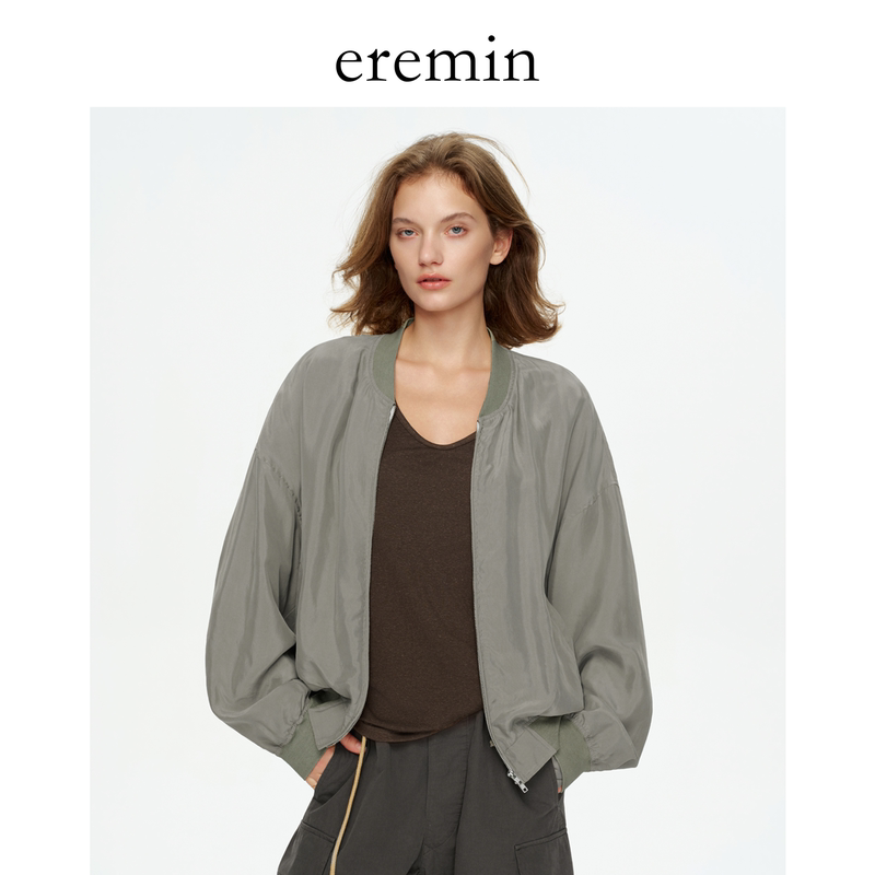Eremin Lin Moqing/Cuammonium Silk Washed Vintage Thin Baseball Jacket Casual Zipper Jacket