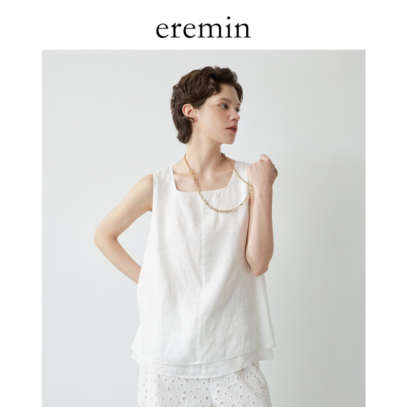 Eremin Lin Moqing/Double-Layer Linen Vest/Fake Two-Piece Linen U-Neck Sleeveless Outerwear for Women