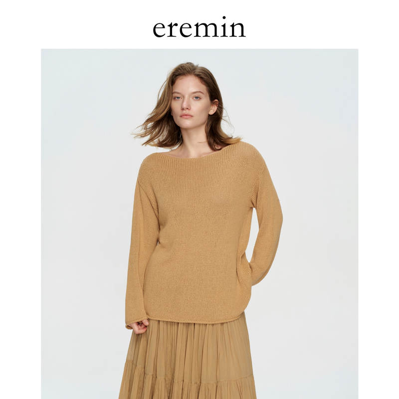 Eremin Lin Moqing/Boat Neck Knitwear/Cotton Blend Hollow Out Comfortable Knitted Lazy Style Pullover Top
