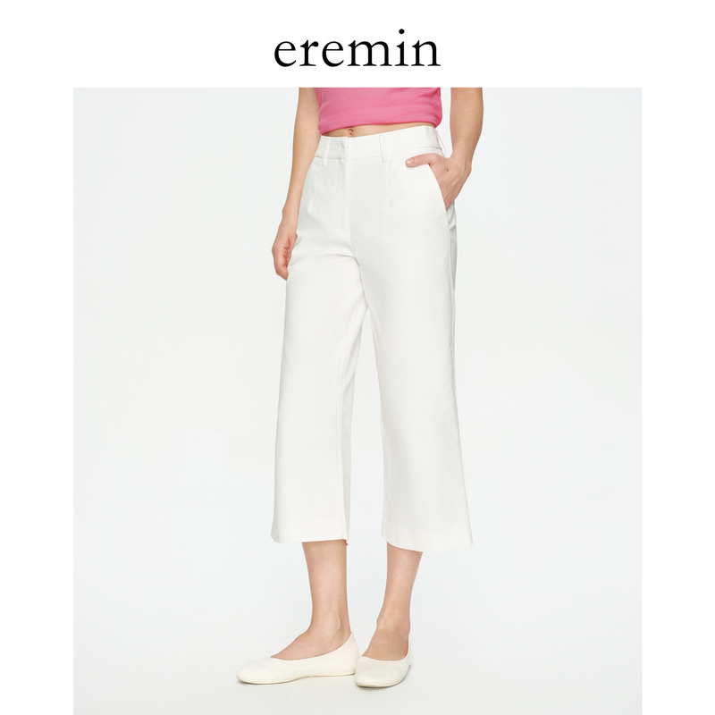 Eremin Lin Moqing/Pleated Cropped Pants/Cotton Versatile Straight-Leg Commuting Flared Crisp Casual Pants