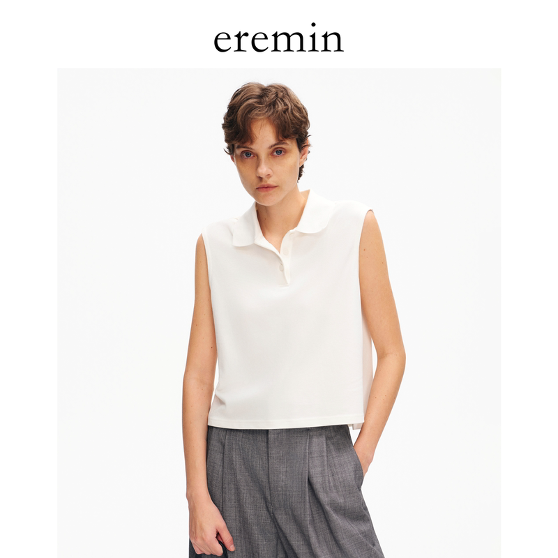 Eremin Lin Moqing/Polo Vest/Cotton Blend Summer Retro Simple Versatile Lapel Sleeveless Top