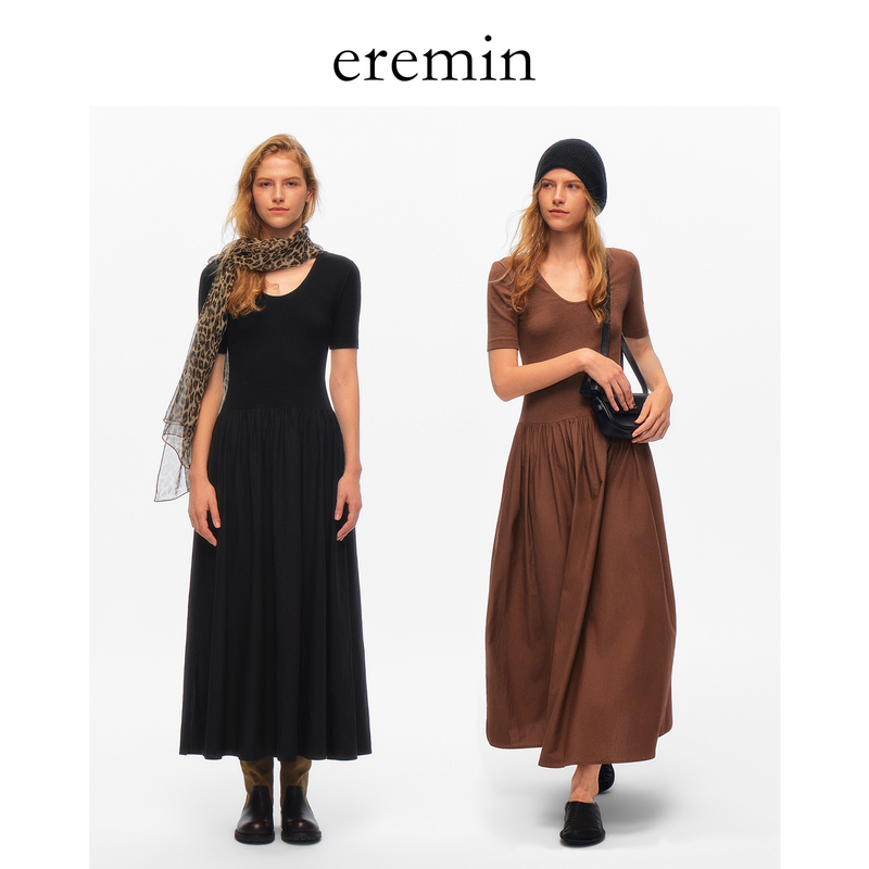 Eremin Lin Moqing/Patchwork Dress/26 Autumn Draped Side Slit Long Short-Sleeved Layered Versatile Long Dress