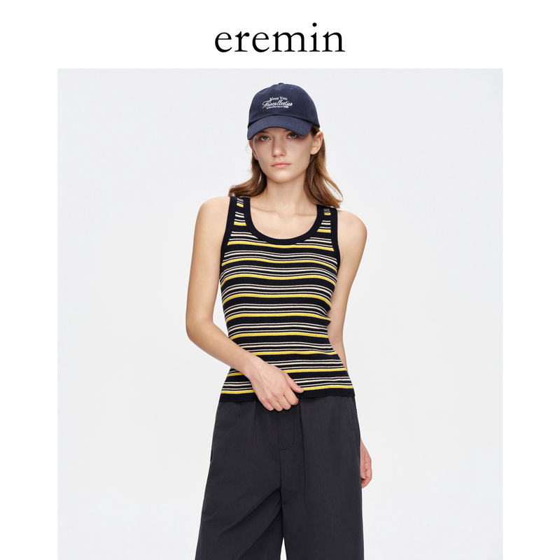 Eremin Lin Moqing/Color Stripe Vest/Cotton Yarn Contrast Stripe Knit Slimming U-Neck Sleeveless Vest