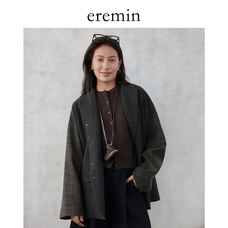 Eremin Lin Moqing/Spliced Suit/26 Autumn New Product Sheep Wool+Cotton Niche Texture Casual Lapel Jacket