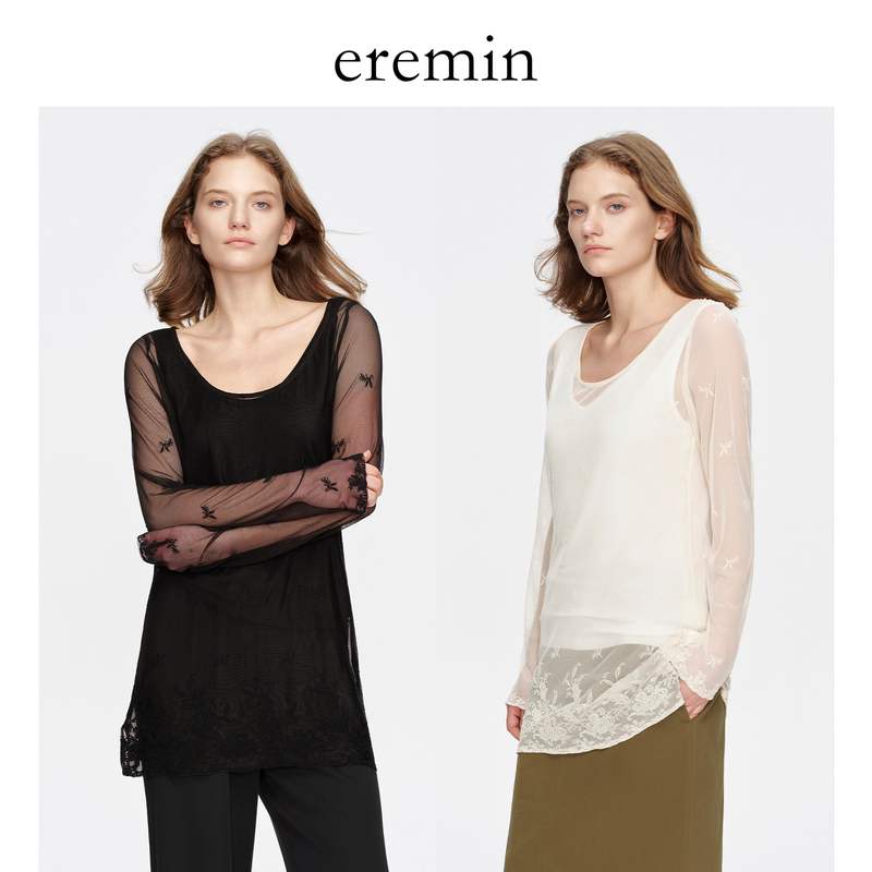 Eremin Lin Moqing/Embroidered Sheer Blouse/Misty and Hazy Lace Embroidery High-End Layered Long-Sleeve Cover-Up