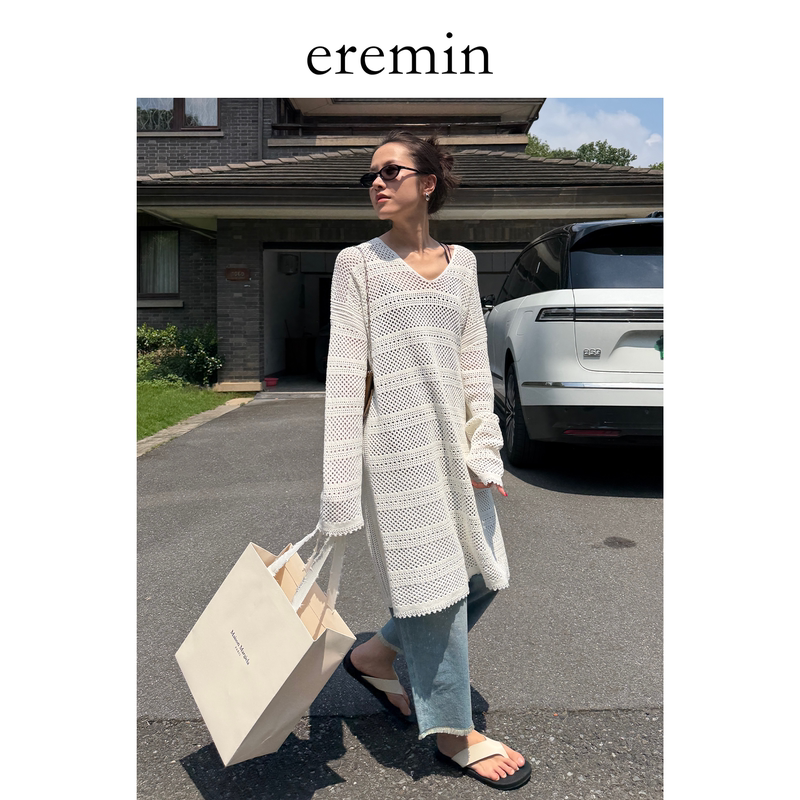 Eremin Lin Moqing/Hollow-Out Blouse Dress/26 Autumn New Imported Japanese Paper Yarn Perforated High-End V-Neck Knitwear