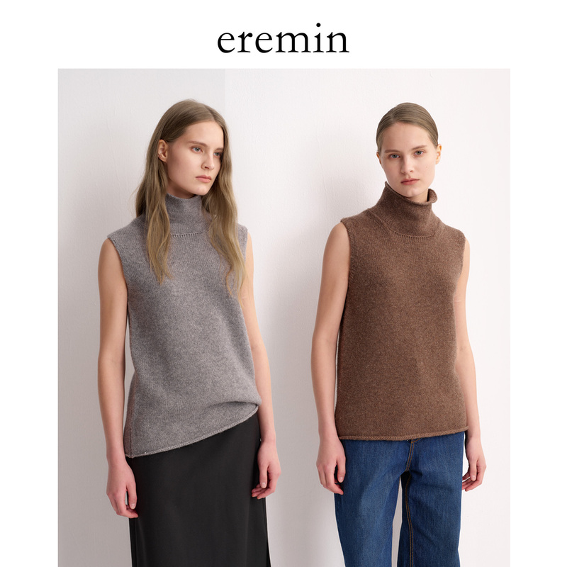 Eremin Lin Moqing/Turtleneck Vest/Textured Sleeveless Turtleneck Full Wool Knitted Vest