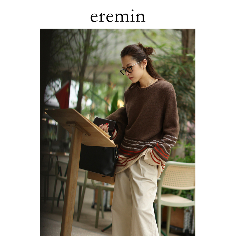 Eremin Lin Moqing/Coco Color Stripes/26 New Product Sheep Wool Handmade Chain Thick Needle Lazy Style Striped Sweater