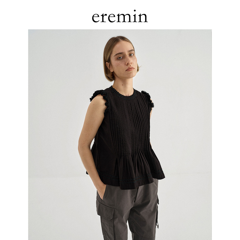 Eremin Lin Moqing/ Organ Doll Shirt/ Black Sleeveless Top Design Pure Cotton Outerwear Vest