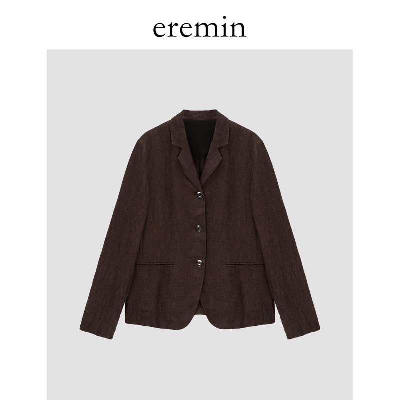 Eremin Lin Moqing/Brown-Red Jacket/Linen+Hemp Straight Shoulder Slimming Summer Loose Blazer