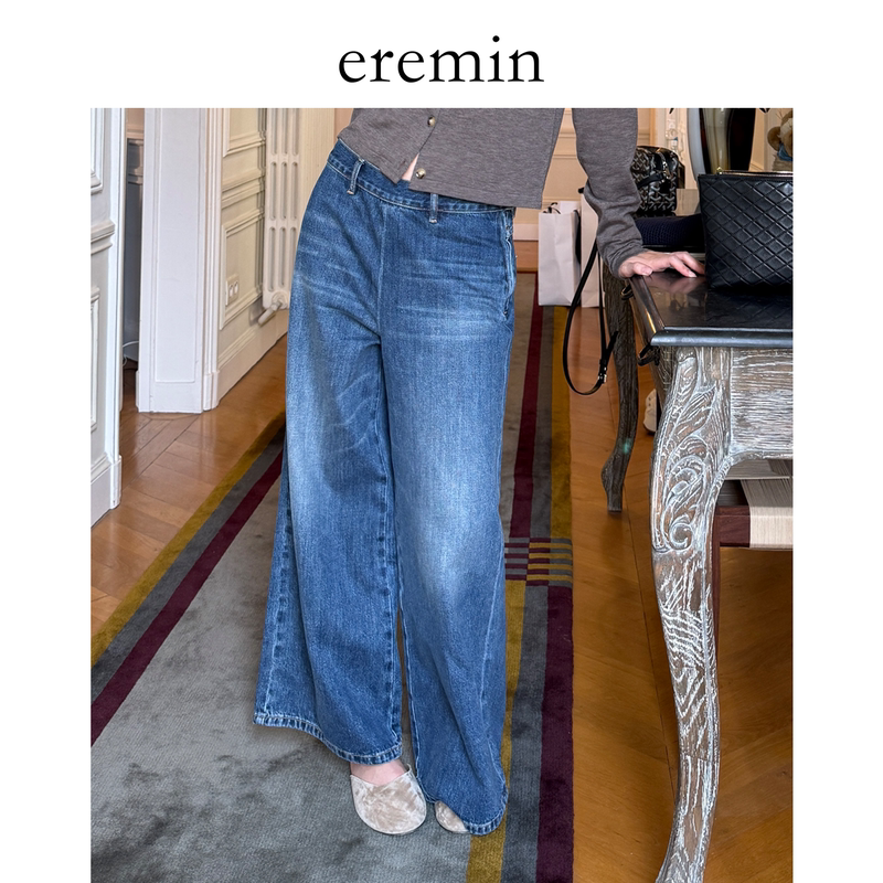 Eremin Lin Moqing/Autumn Retro Denim Custom-Spun Side Zipper Slimming Commuter Nine-Point Wide-Leg Jeans Eremin Lin Moqing/Autumn Retro Denim Custom-Spun Side Zipper Slimming Commuter Nine-Point Wide-Leg Jeans