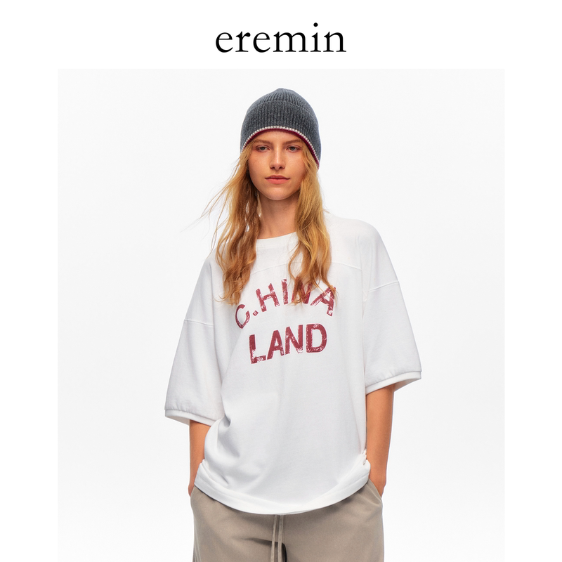 Eremin Lin Moqing/Letter White T-Shirt/26 Autumn New American-Style Printed Loose Drop-Shoulder Five-Quarter Sleeve Round-Neck T-Shirt