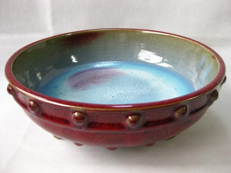 Yuzhou Jun kiln porcelain in the blue and red glaze Jun porcelain earthworm mud pattern three-legged drum nail wash furnishings and ornaments milk nail