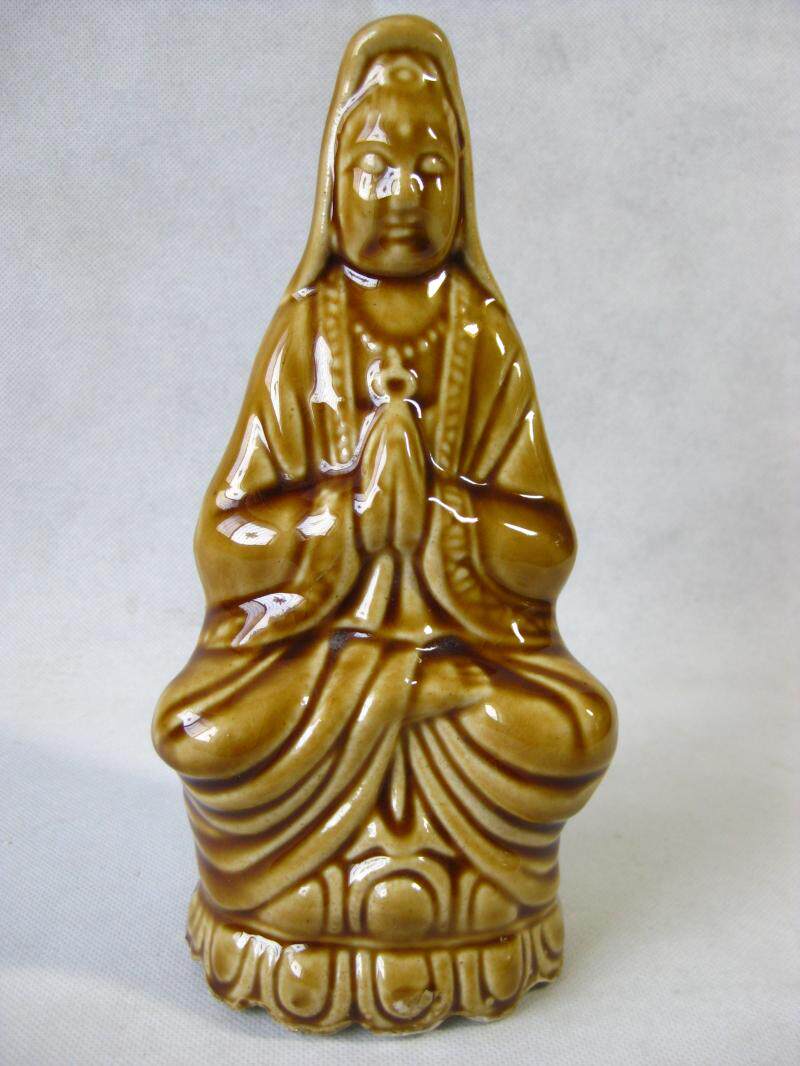 90's old yu county jun porcelain second factory yellow glaze color porcelain Guanyin Buddha statue height 20.5cm display device