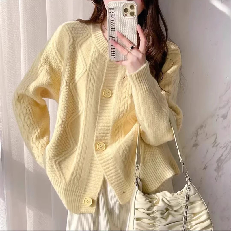 New Autumn and Winter Design Knitted Cardigan Top, Thickened Casual Simple Gentle Style Twist Jacquard Sweater Jacket