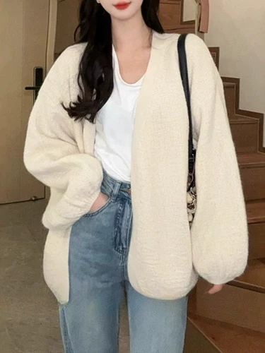 Трикотажный дизайнерский свитер, кардиган, V-образный вырез, свободный крой, рукава фонарики