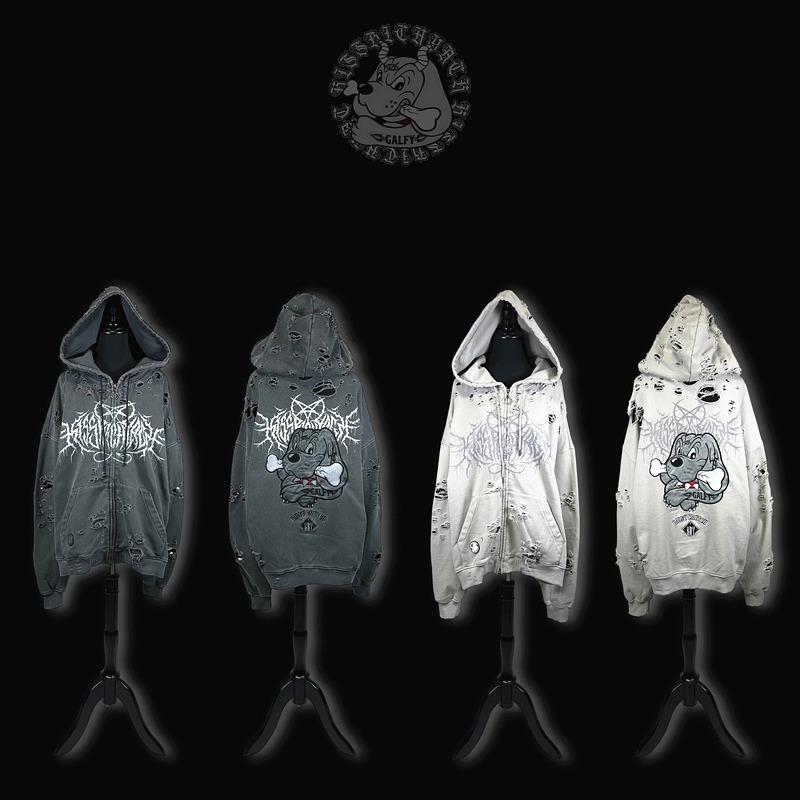 Japanese Harajuku Galfy Collaboration Kry Five-Pointed Star Metallic Font Distressed Big Dog Hoodie Unisex Men's Jacket