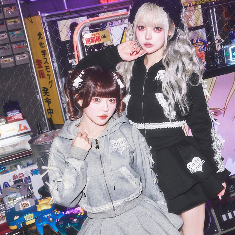 Japanese-Style Macaron Galfy Collaboration Lace-Embellished Classic Skirt with Rhinestones, Fleece-Lined Hooded Outerwear Set, Mass-Produced Style