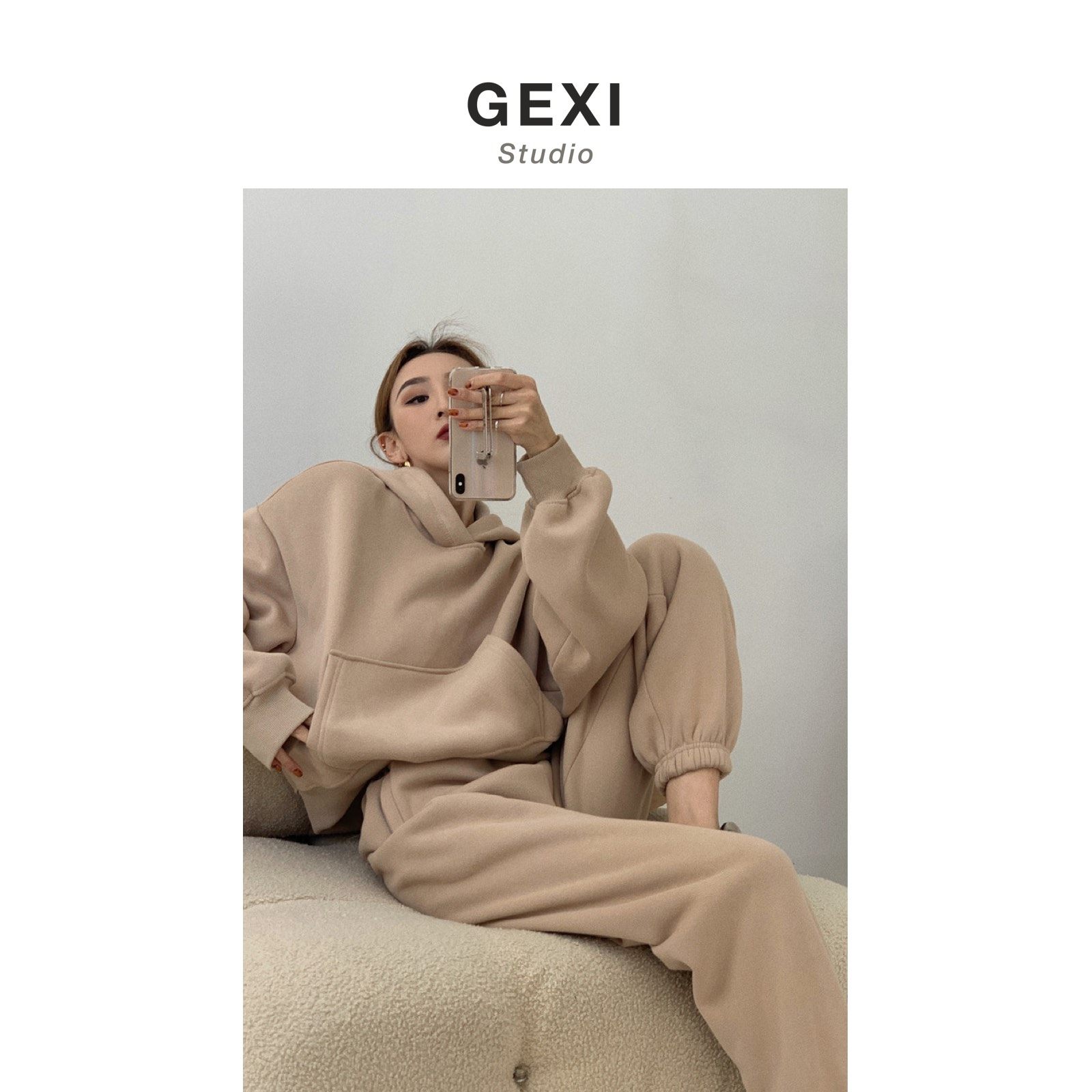Gexi Gexi plus suede thickened Even cap Sport suit Weater trousers Two sets of women 23 autumn winter new 20901 -Taobao