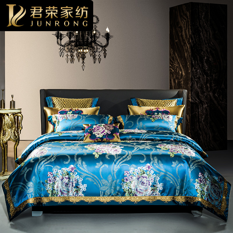 Eurostyle blue all-cotton quilts with four sets of goons satin jacquard wedding long suede cotton beds High-end Beds Bedding-Taobao