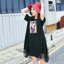 Large size dress summer 2021 Korean version beaded age reduction mesh stitching T-shirt cake pear shape body wear