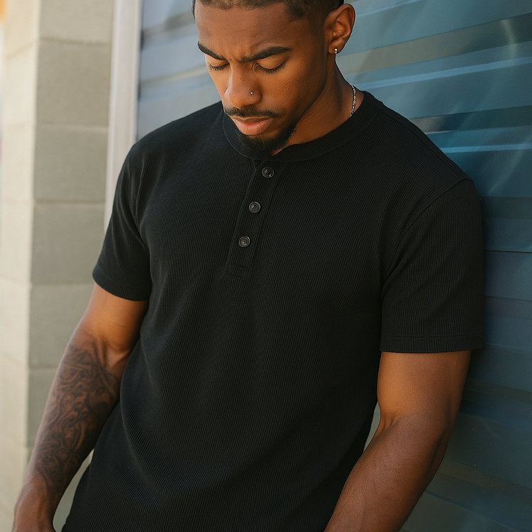 Sgc2025 New American-Style Ribbed Henley Shirt Short-Sleeved Slim-Fit Stretchy Fitness Versatile Henley Collar T-Shirt for Men in Spring and Summer